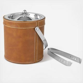 Leather Stitched Double-Walled Ice Bucket with Tongs