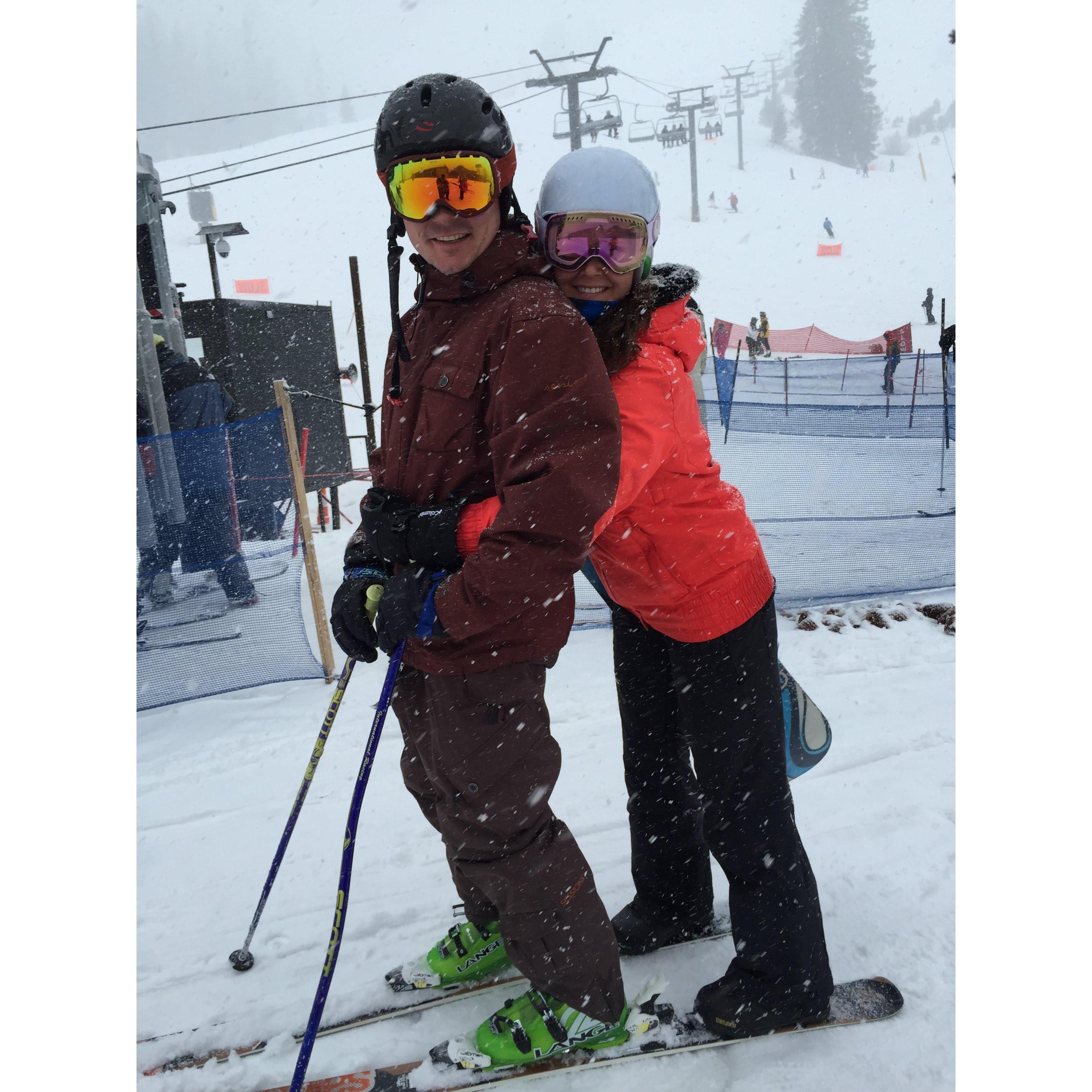 We love skiing and snowboarding together and we hit the slopes as often as we can.