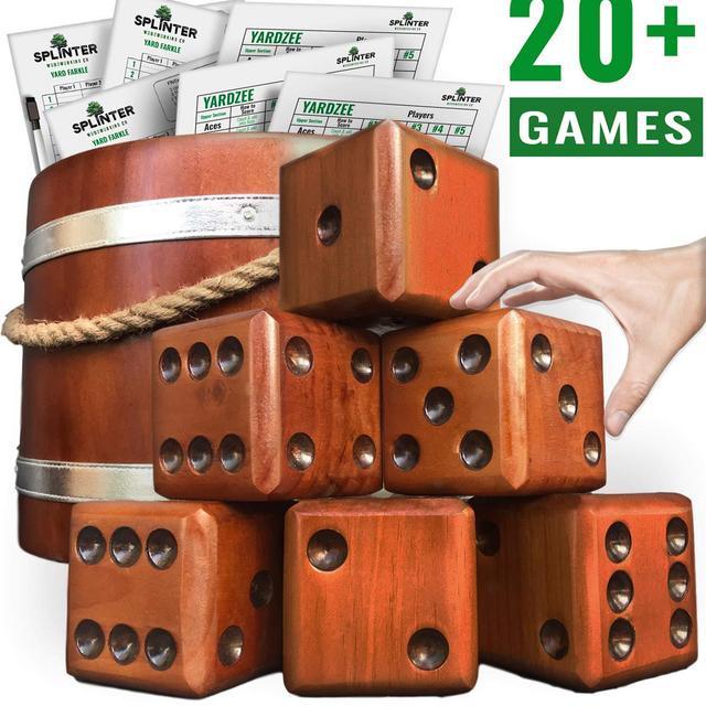 Splinter Woodworking Co Yardzee, Farkle 20+ Games - Giant Yard Dice Set (All Weather) with Wooden Bucket, 5 Big Laminated Score Cards, and Dry Erase Marker - Jumbo Backyard Lawn Games