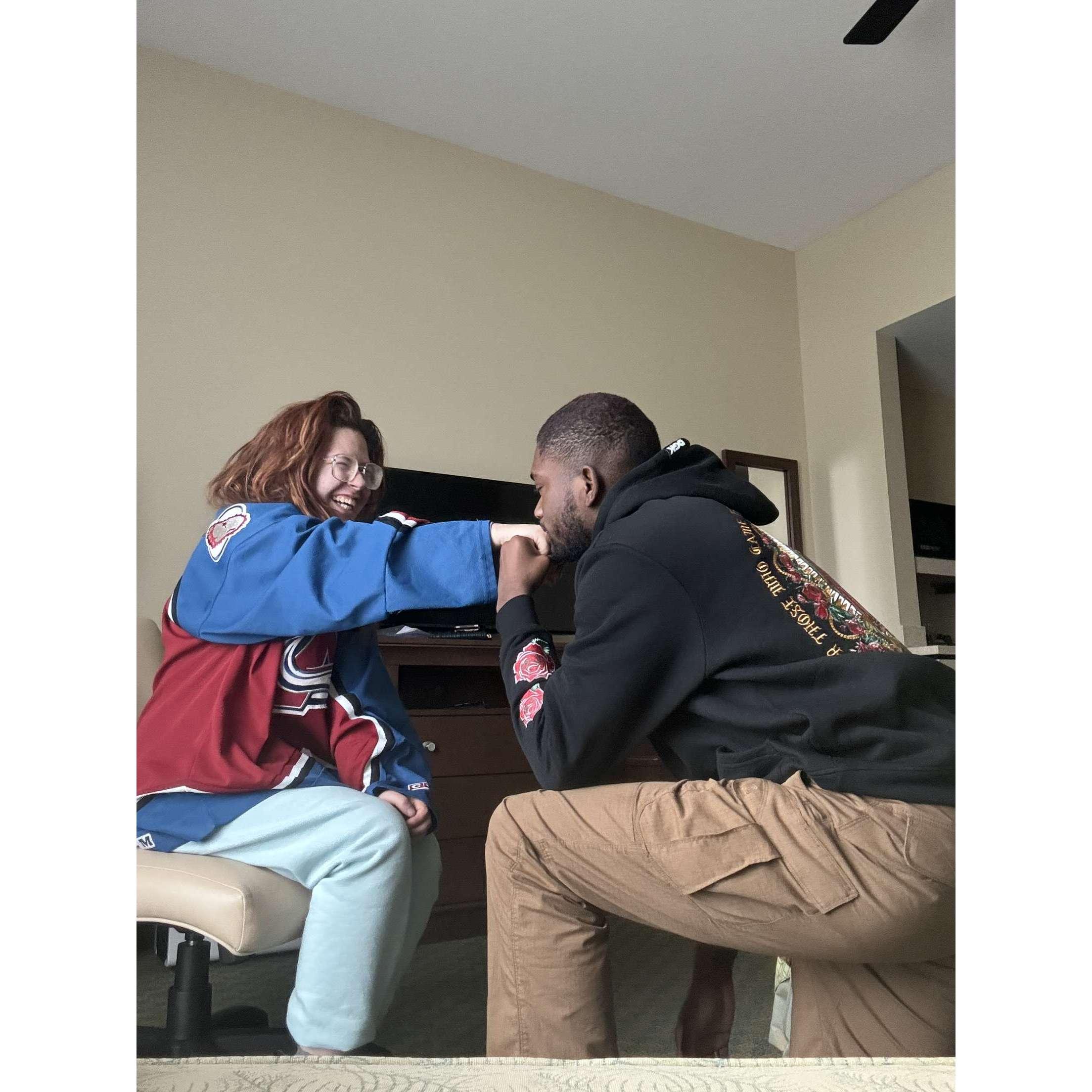 Jess's mom had us pose after we announced our engagement.