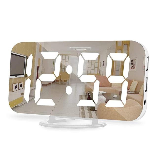 Digital Alarm Clock,6.5 Inch Large Display LED Mirror Electronic Clocks, with Snooze,12/24H,Dual USB Charging Ports, 3 Adjustable Brightness,for Bedroom Home Office -White