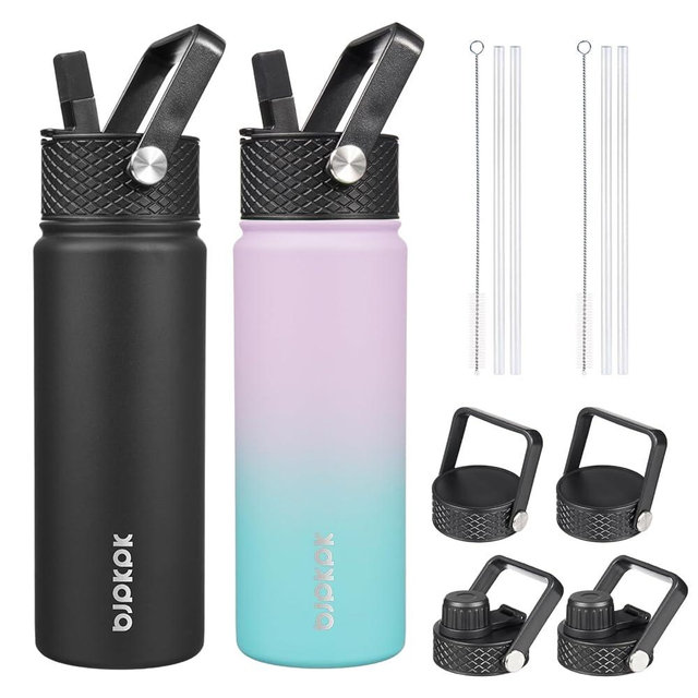 BJPKPK 2 Pack Insulated Water Bottles with Straw Lids, 22oz Stainless Steel Metal Water Bottle with 6 Lids, Leak Proof BPA Free Thermo, Cups, Flasks for Travel, Sports (Lavender Green+Black)