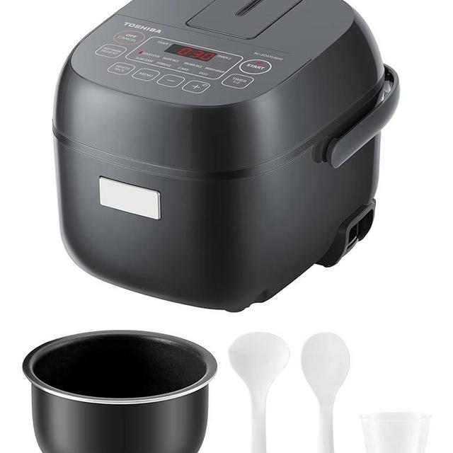 TOSHIBA Rice Cooker Small 3-Cup Uncooked– LCD Display with 8 Cooking Functions: Rice, Oatmeal, Mixed Grains and More, NonStick Inner Pot, Grey
