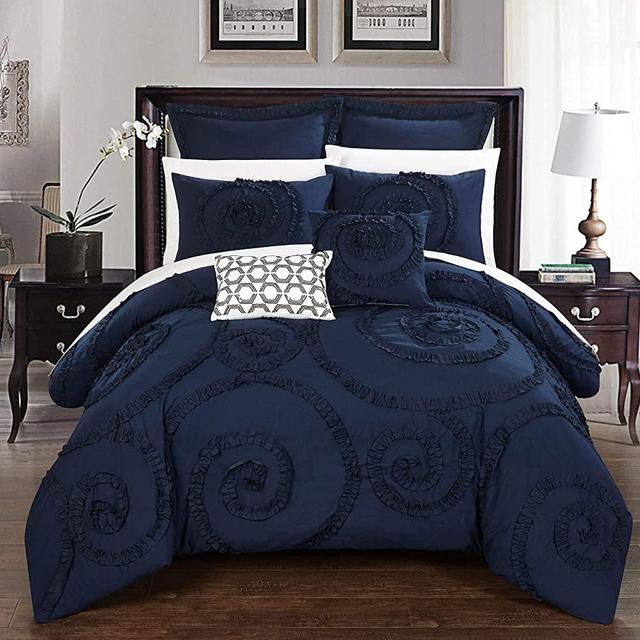 Chic Home 7 Piece Rosalia Floral Ruffled Etched Embroidery King Comforter Set Navy