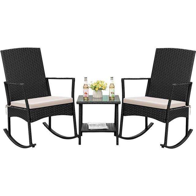 Flamaker Rocking Chair Outdoor PE Rattan Patio Chairs with Glass Table High Back Porch Rocker for Balcony, Garden, Backyard (Beige)