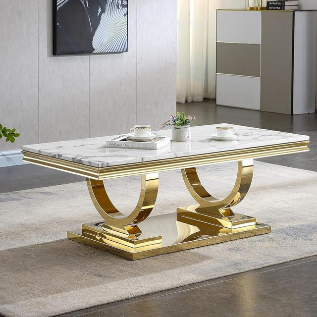 47 inch White Marble Coffee Table with Mirrored Stainless Steel Metal Base, Rectangle Faux Marble Top Coffee Table Center Tea Tables, Modern Cocktail Tables Living Room Table, Gold Center Table