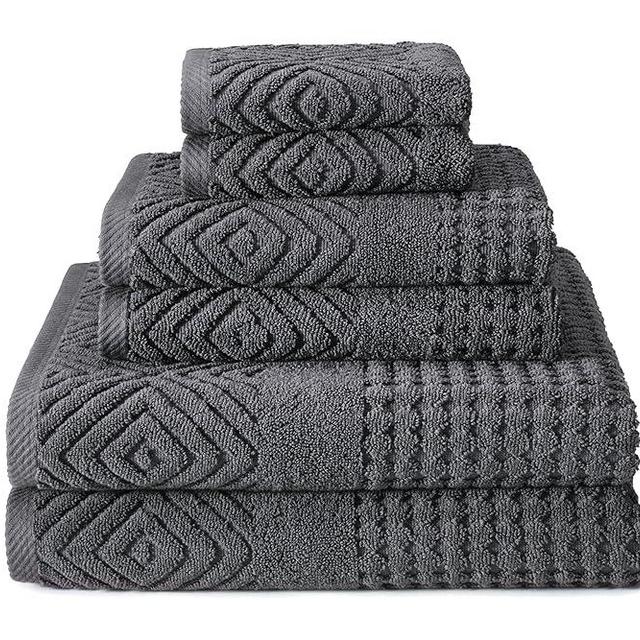 Texere 100% Organic Cotton Diamond Jacquard 700 GSM Luxury Bath Towel Sets - Ultra Soft and Absorbent Hotel Quality, 2 Large Bath Towels, 2 Hand Towels, 2 Washcloths (Diamond, Charcoal, 6 Piece)