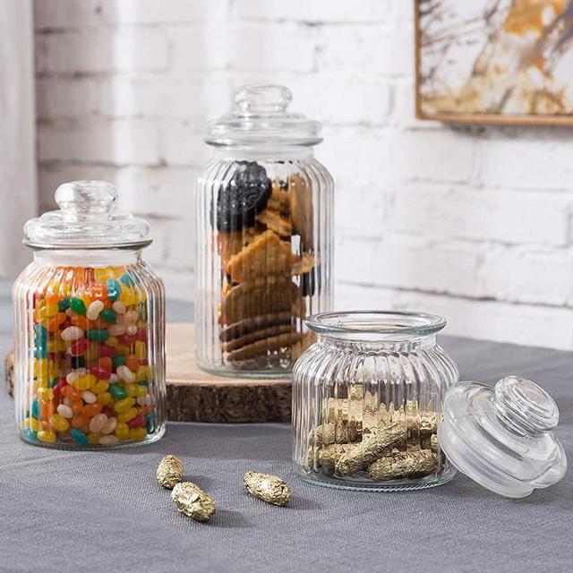 MyGift Vintage Ribbed Glass Apothecary Jars, Storage Canisters with Airtight Lids, Set of 3