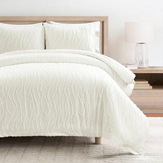 Lush Décor 3pc King Jacquard Wave Duvet Cover Set Soft White: Nautical Style, Machine Washable, Button Closure