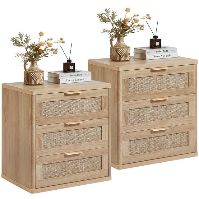 LEYAOYAO Rattan Night Stand Set of 2 with Drawers, 23" Large 3 Drawer Boho Nightstand, Natural Wood Bedside Table Storage Cabinet, Bed Side End Tables Dresser for Bedroom, Living Room, Hallway, Closet