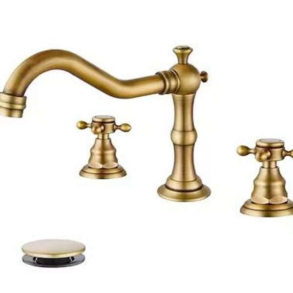 BYH Antique Brass Widespread 2-handle Low-arc Commercial/Residential Handle Bathroom Sink Faucet with Drain