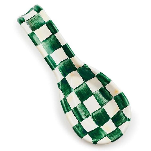 MACKENZIE-CHILDS Enamel Spoon Rest, Kitchen Utensil Rest and Spoon Holder, Kitchen Decor, Green-and-White Emerald Check