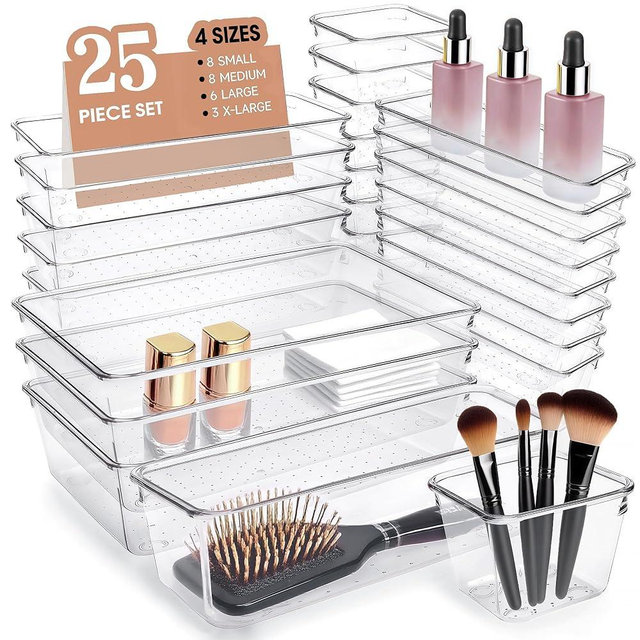 Trotianingyu Desk Clear Acrylic Drawer Organizers Set Storage for Makeup Small Vanity Trays Office Organizer for Drawer Bathroom Plastic Make up Organizers 25 Pcs
