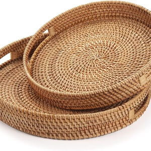 Round Rattan Serving Tray Decorative Woven Ottoman Trays with Handles for Coffee Table Natural (Small 11.8 inch x 2 inch)
