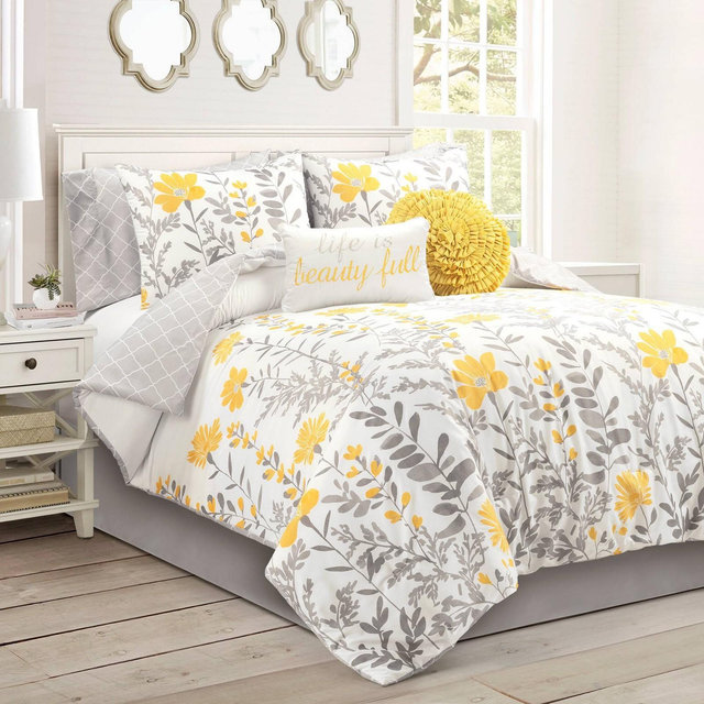 8pc Queen Aprile Soft Reversible Oversized Comforter Set Yellow/Gray - Lush Décor
