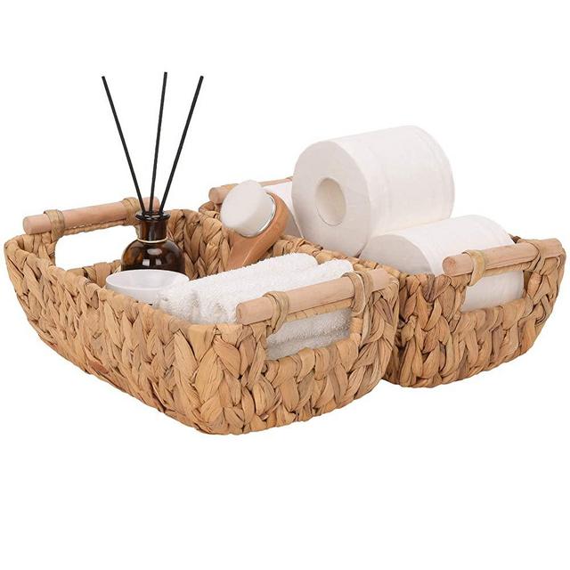 StorageWorks Hand-Woven Small Wicker Baskets, Water Hyacinth Storage Baskets with Wooden Handles, 12" x 7.2" x 4.3", 2-Pack