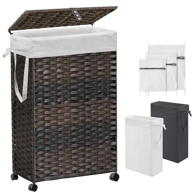 70L Slim Laundry Hamper with Lid & Wheels, Rolling Laundry Basket with 2 Removable Liner Bags & 3 Mesh Bags, Narrow Dirty Clothes Basket, Foldable Handwoven Rattan Laundry Sorter, Brown