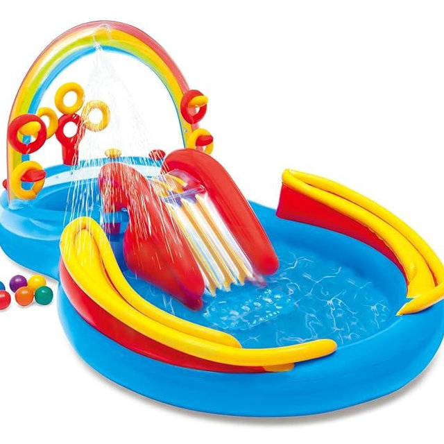 Intex 57453EP 9.75 Foot x 6.3 Foot x 53 Inch Multicolor Rainbow Slide Kids Inflatable Pool with Water Slide and Ring Toss for Children Ages 2 and Up