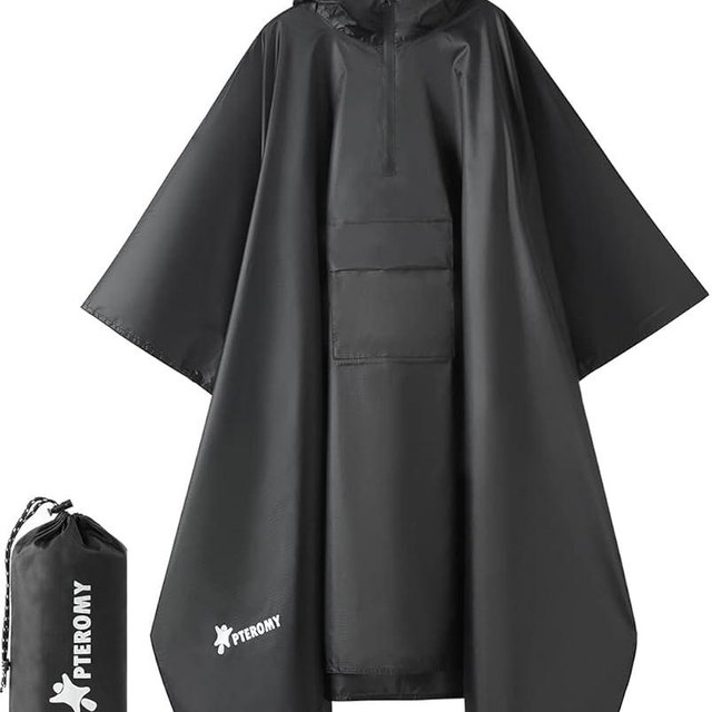 PTEROMY Hooded Rain Poncho for Adult with Pocket, Waterproof Lightweight Unisex Raincoat for Hiking Camping Emergency