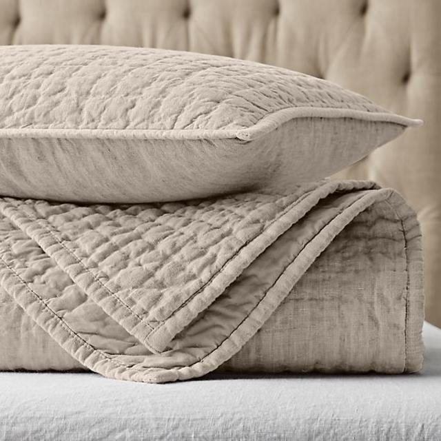 Vintage-Washed Hand-Quilted Belgian Linen Coverlet