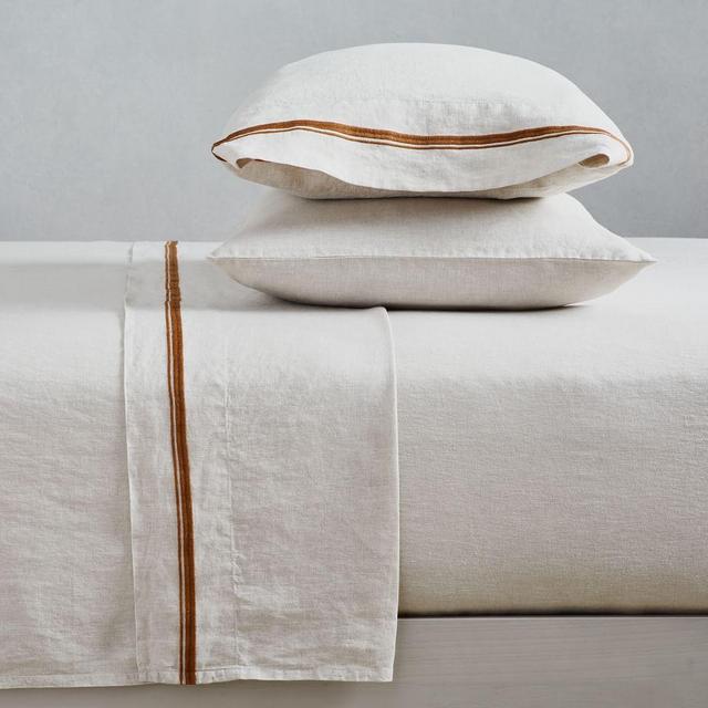 Belgian Linen Embroidered Stripe Sheet Set, King, Belgian Flax + Terracotta