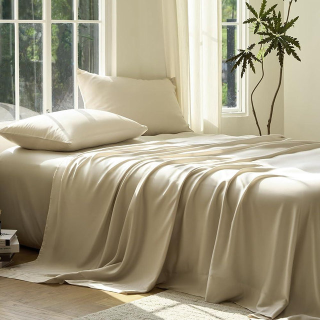 DOZ Sheet Set, 100% Viscose derived from Bamboo, Organically Grown, Buttery Soft, Cooling Sheets, High GSM, Deep Pockets - 3 Piece - 2 Pillowcases 1 Fitted Sheet (Sand, King)