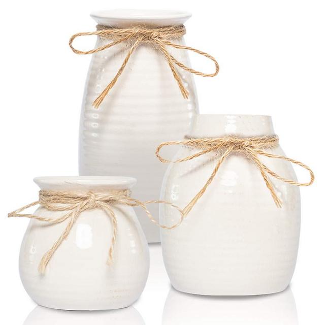 White Vases for Decor - Rustic Home Decor, Modern Farmhouse Decorations - Ceramic Vase for Fireplace Decor - Vases for Flowers, Rustic Decor for Living Room - Farmhouse Decor for The Home, Set of 3