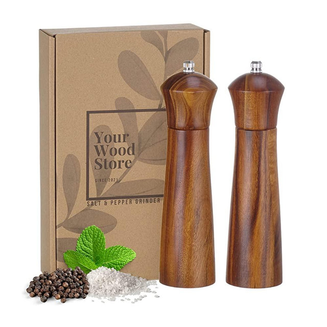 YourWoodStore Wooden Salt and Pepper Grinder Set, Stainless Steel Grinder for Pepper, Ceramic Grinder for Salt, Refillable, Adjustable Coarseness, Made from Acacia Wood (8 Inch, Natural)