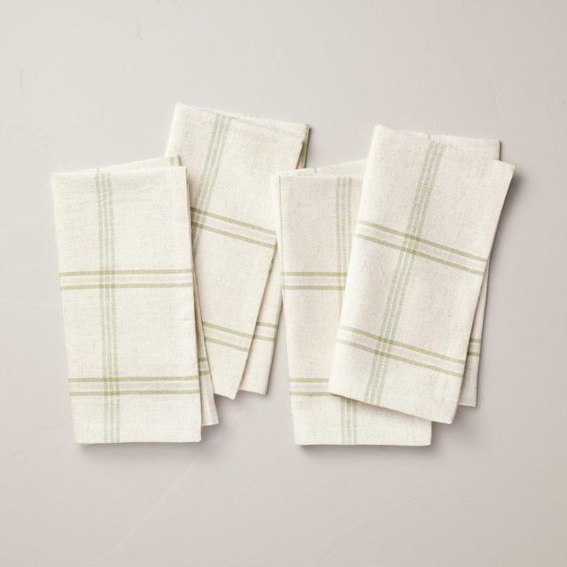 4pk Tri-Stripe Plaid Cloth Napkins Light Green/Natural - Hearth & Hand™ with Magnolia
