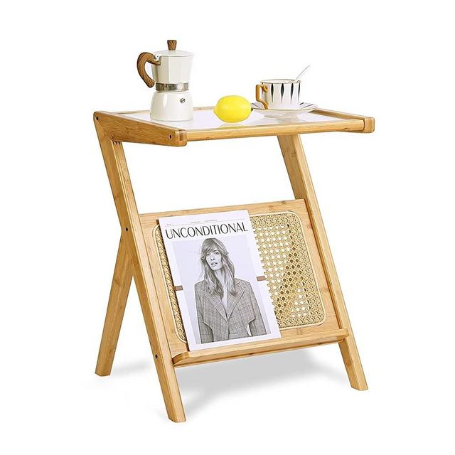 Tiita Rattan Nightstand Side Table, Bamboo Accent Bedside Tables, Glass Coffee Tables, Boho Wooden End Table with Storage for Small Space, Living Room and Bedroom