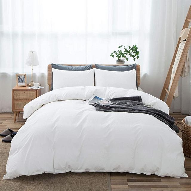 100% Washed Cotton Duvet Cover Queen Size, White Fade-Resistant Natural Bedding Set (1 Duvet Cover + 2 Pillow Shams), 90x90 Inches
