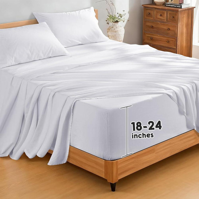 SONORO KATE 100% French Pure Linen Sheets, Extra Deep Pocket up to 18"-24", Breathable and Durable Linen Sheets, Anti-Tear Linen Bed Sheets, Machine Washable - 4 Piece (White, Queen(24" deep))