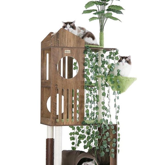 FourFurPets Large Cat Tree with Leaves, 72.8-Inch Cat Tower for Indoor Cats, Modern Cat Tree with Scratching Post, Large Perch, Tunnels, Swing Ball, Self Groomer, Greige