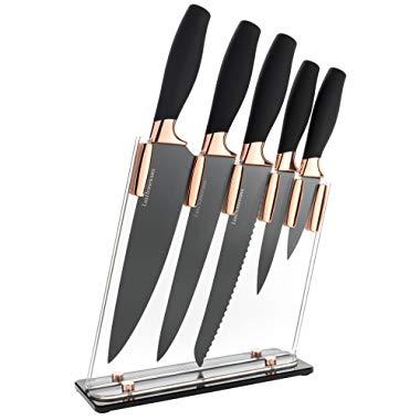 6 Piece Knife Set | 5 Beautiful Rose Gold Knives with Knife Block | Sharp Kitchen Knife Sets | Multiple Size, All Purpose Kitchen Knives | 8” Chef, Bread, & Carving Knife | Utility & Paring Knife