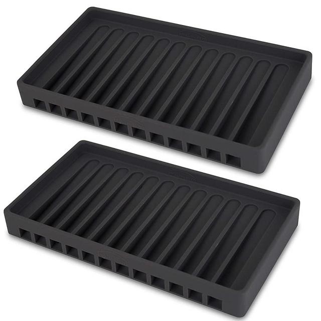 NIUHOM Sink Tray & Organizer - Self-Draining Silicone Soap and Sponge Holder - Kitchen, Bathroom Sink Organizer, Tray for Soap, Sponge, Scrubber - 2 Pack (Dark Gray)