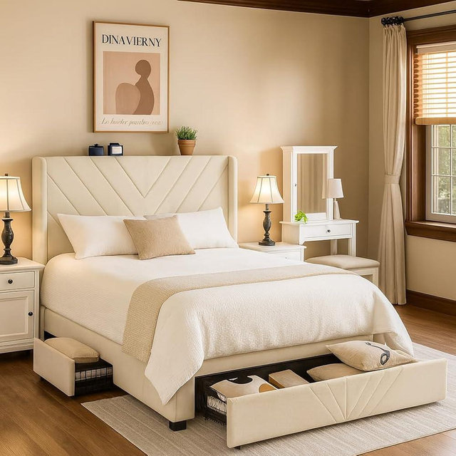 COMHOMA Queen Bed Frame with Headboard and USB & Type-C Charging Ports,Storage Drawers,Modern Upholstered Platform Frames with Padded Headboard, Heavy Duty Structure,No Box Spring Needed,White