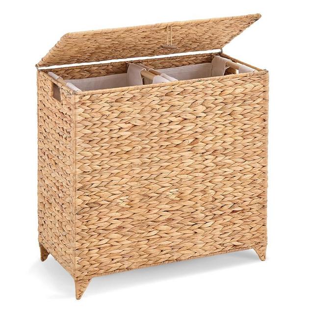 Handwoven Large Laundry Hamper with Lid and 2 Removable Liner Bags, Heightened Feet Natural Hyacinth Clothes Hamper,Wicker Laundry Basket for Clothes and Towels