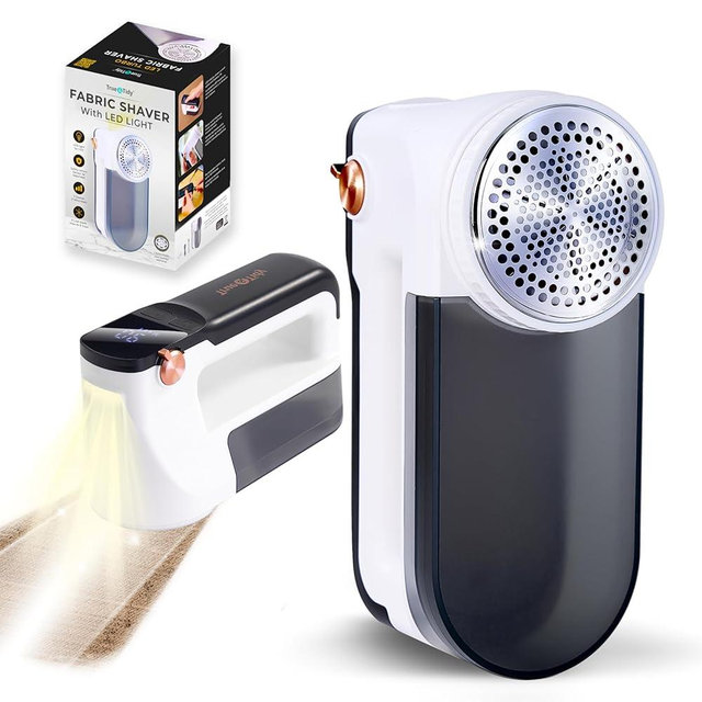 True & Tidy XL Rechargeable Fabric Shaver with Light, 6-Leaf Steel Blades, 3-Speed Motor, LED Digital Display, Lint Remover for Clothes, Furniture & Upholstery (White, Turbo)