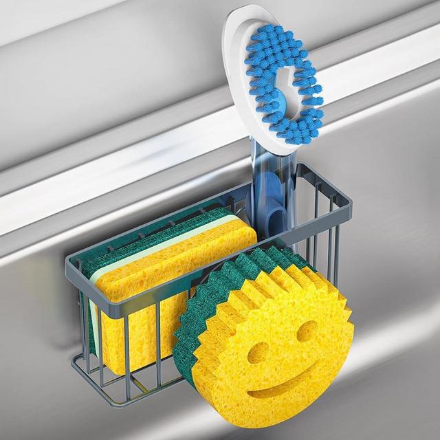 MURLONG Sponge Holder Smiley Face, Sink Caddy for kitchen Sink, Sink Organizer Sponge Holder with 2 PCS Suction Cups/1 PCS Adhesive Strips, Designed for Sponge, Soap, Dish brush, Scrubber-Gray