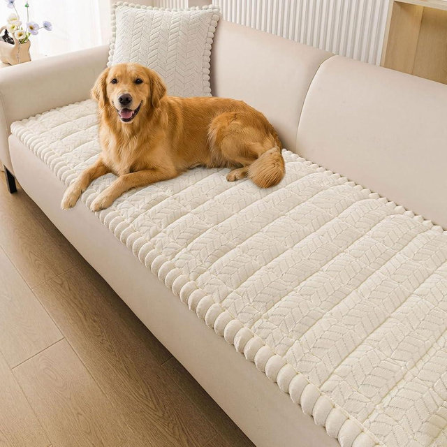Smiry Non Slip Couch Covers for Dogs, Fuzzy Pet Couch Covers for 4 Cushion Sofa Pet Friendly, Soft Sofa Slipcovers Cushion Furniture Protector Washable (Beige, 27.6" x 95")