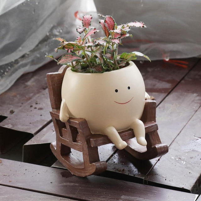 UMESONG Smily Face Planter Pot Cute Resin Flower Head Planters for Indoor Outdoor Plants Unique Sit Rocking Chair Succulent Pots Gift IdeaI for Mother and Appreciation Christmas with Drainage Hole