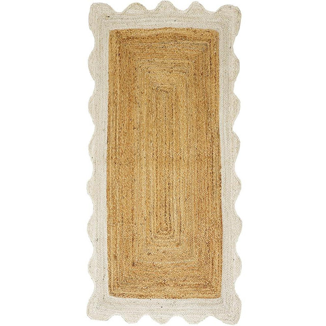 Jute Runner Rug 2.6x10 Ft Natural Fiber Boho Rugs White Scalloped Kilim Jute Runner Rug Ideal for High Traffic Area Living Room Farmhouse Large Space & Home Décor