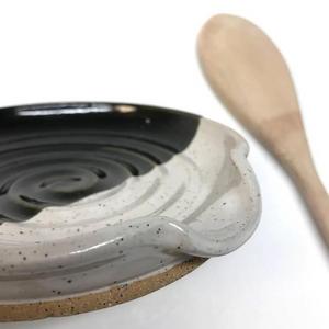 Spoon Rest, Spoon Holder, Ceramic spoon rest, Speckled White and Black , IN stock Ready to Ship