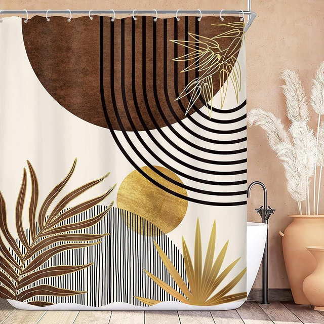 KOMLLEX Mid Century Boho Shower Curtain for Bathroom Decor 60Wx72H Inches Abstract Modern Sun Minimalist Arch Golden Leaves Art Line Geometric Aesthetic Fabric Waterproof Polyester 12 Pack Hooks