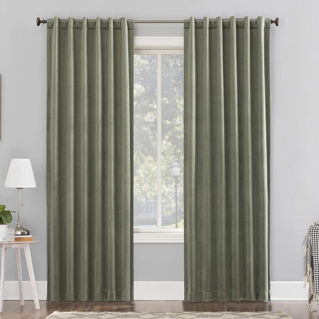 Sun Zero Hampshire Velvet Noise Reducing Thermal Extreme 100% Blackout Back Tab Curtain Panel, 50" x 84", Moss Green