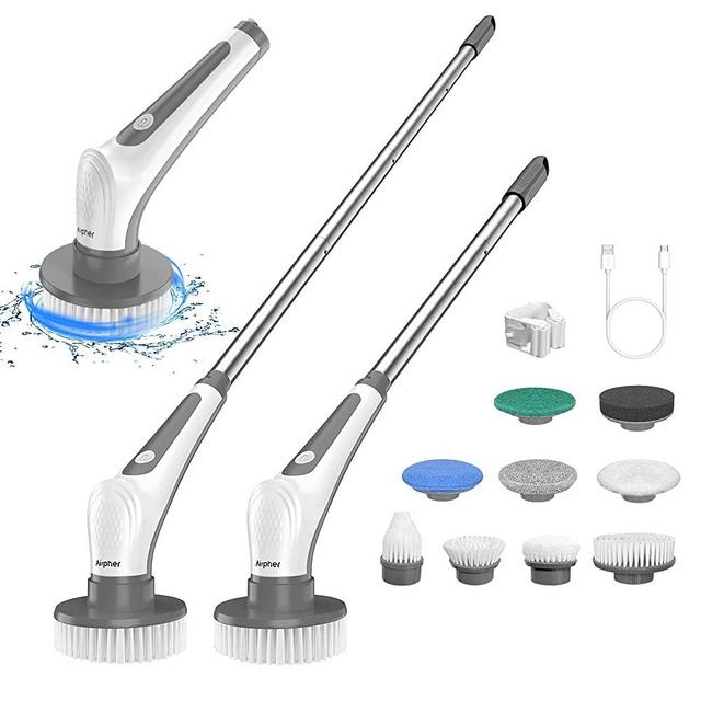 Electric Spin Scrubber, Airpher 10 in 1 Cordless Cleaning Brush IPX8 with 9 Replaceable Brush Heads and 4 Section Removable Rod, Power Shower Scrubber for Bathroom, Tub, Tile, Floor, Kitchen, Window