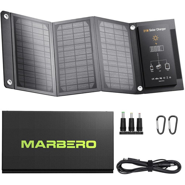 MARBERO 21W Portable Solar Panel Foldable Solar Panel Charger IP65 Waterproof Solar Panels 23% High Efficiency Fast Charger USB Ports & DC 18V Output for Camping Outdoor Travel Emergency Cloudy