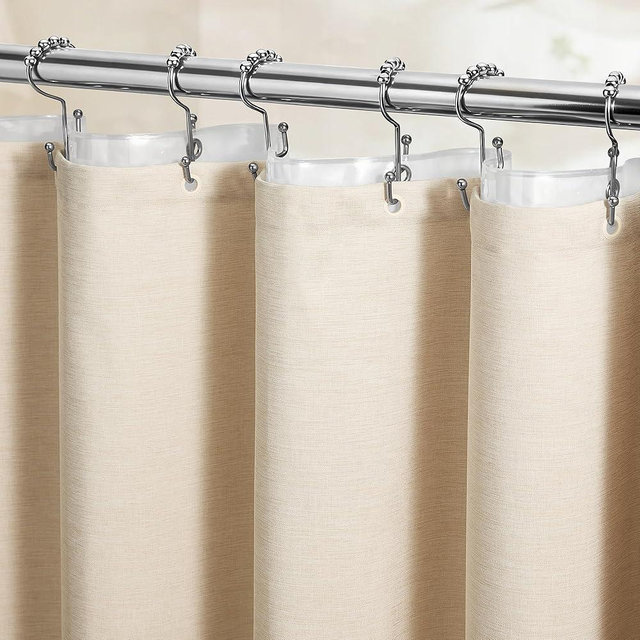 BTTN 3 in 1 Shower Curtain Set, Cream Linen Textured Fabric Shower Curtain and Clear Liner Set with Plastic Hook, Modern Hotel Luxury Weighted Waterproof Shower Curtain for Bathroom, Beige, 72x72