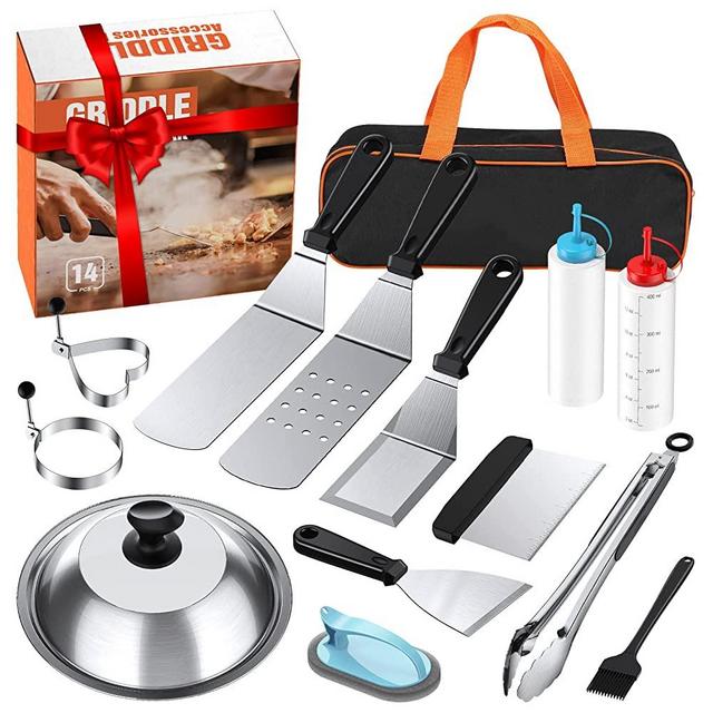 Griddle Accessories Kit for Blackstone, 14 PCS Professional BBQ Grill Accessories with Enlarged Spatulas, Basting Cover, Scraper, Tongs, Christmas Thanksgiving Gifts for Men for Outdoor Camping