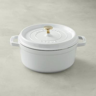 Staub Enameled Cast Iron Round Dutch Oven, White with Brass Knob